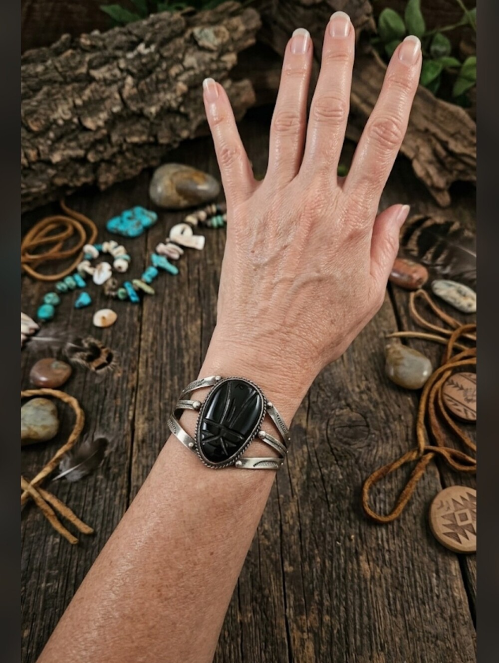 Estate Carved Onyx Cuff Gemstone Bracelet Sterling Silver 925